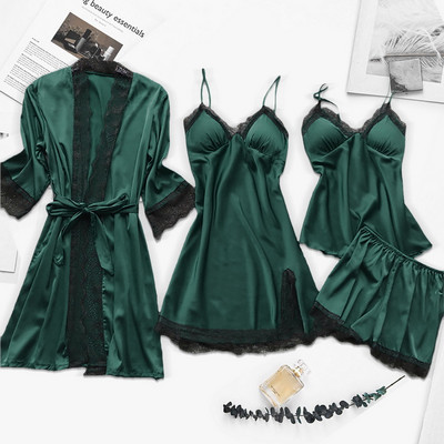 4PC Robe de mătase Costum de dormit Femei Dantela Satin Pijamale Set de rochii de noapte Cami cu decolteu în V Purtați pijama Home Lenjerie de noapte Cămașă de noapte de primăvară