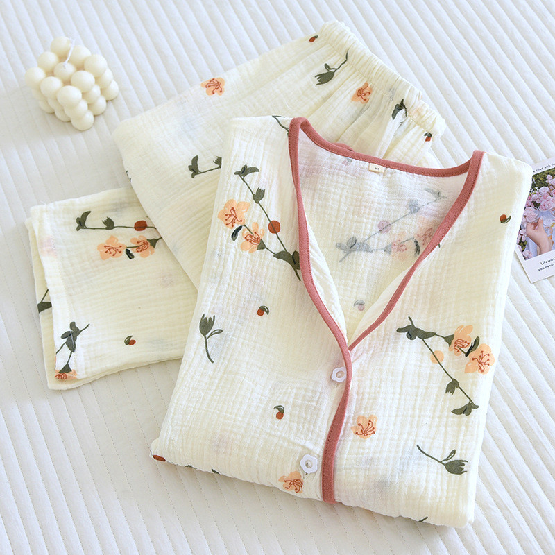 V-λαιμόκοψη 100% βαμβακερές πιτζάμες 2023 Άνοιξη Νέο Σετ Πιτζάμες Γυναικεία Σαλόνια Μακρυμάνικο Παντελόνι Γυναικεία Πιτζάμες Πυτζάμες