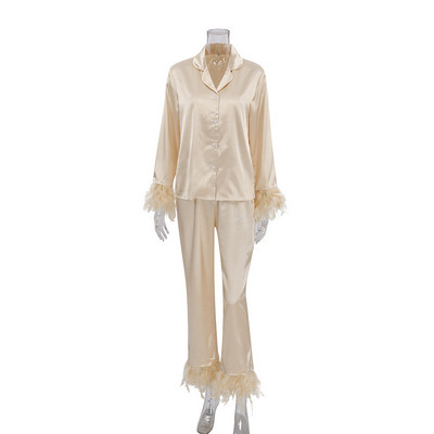 BKQU Πυτζάμες Πυτζάμες Φτερά Γυναικεία Πυζά 2 τεμάχια Μακρυμάνικα Μπλουζάκια γιακά Σατέν Casual Γυναικεία Σετ με Παντελόνι Φθινόπωρο 2023