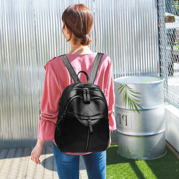 Реколта PU кожена дамска раница за пазаруване Плътен цвят Студентски ученически чанти с голям капацитет Дамска раница за пътуване с цип