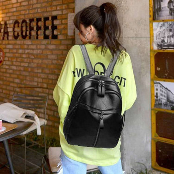 Реколта PU кожена дамска раница за пазаруване Плътен цвят Студентски ученически чанти с голям капацитет Дамска раница за пътуване с цип