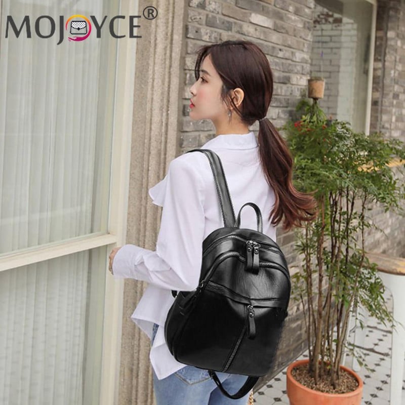 Vintage PU-nahast naiste ostuseljakott, ühevärviline õpilase suure mahutavusega koolikotid naiste reisimiseks lukuga seljakott