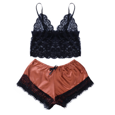 Νέα άφιξη Μόδα Γυναικεία Πυτζάμες Σέξι Σατέν Πυτζάμες Γυναικείες πιτζάμες με λαιμόκοψη σε V λαιμόκοψη Αμάνικα Δαντελένια Cami Σετ και σορτς