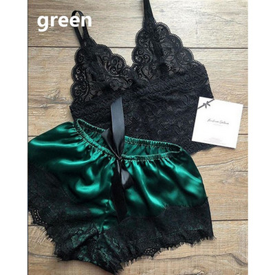 Νέα άφιξη Μόδα Γυναικεία Πυτζάμες Σέξι Σατέν Πυτζάμες Γυναικείες πιτζάμες με λαιμόκοψη σε V λαιμόκοψη Αμάνικα Δαντελένια Cami Σετ και σορτς