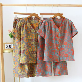 Vintage Wash Knitted Cotton 2PCS Print Πιτζάμες Γυναικείο νυχτικό 2023 Άνοιξη Φθινόπωρο Κοντό μανίκι+Capris Σετ Πυτζάμες 2 τεμαχίων