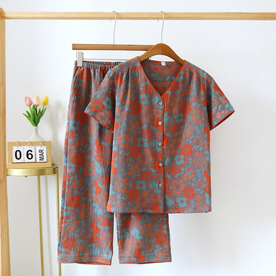 Vintage Wash Knitted Cotton 2PCS Print Πιτζάμες Γυναικείο νυχτικό 2023 Άνοιξη Φθινόπωρο Κοντό μανίκι+Capris Σετ Πυτζάμες 2 τεμαχίων