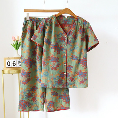 Vintage Wash Knitted Cotton 2PCS Print Πιτζάμες Γυναικείο νυχτικό 2023 Άνοιξη Φθινόπωρο Κοντό μανίκι+Capris Σετ Πυτζάμες 2 τεμαχίων