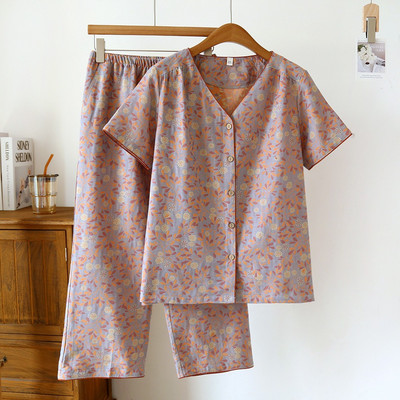 Vintage Wash Knitted Cotton 2PCS Print Πιτζάμες Γυναικείο νυχτικό 2023 Άνοιξη Φθινόπωρο Κοντό μανίκι+Capris Σετ Πυτζάμες 2 τεμαχίων