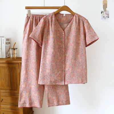 Vintage Wash Knitted Cotton 2PCS Print Πιτζάμες Γυναικείο νυχτικό 2023 Άνοιξη Φθινόπωρο Κοντό μανίκι+Capris Σετ Πυτζάμες 2 τεμαχίων