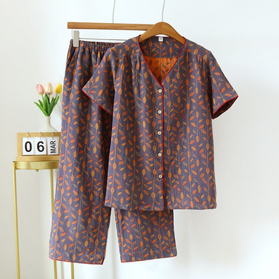 Vintage Wash Knitted Cotton 2PCS Print Πιτζάμες Γυναικείο νυχτικό 2023 Άνοιξη Φθινόπωρο Κοντό μανίκι+Capris Σετ Πυτζάμες 2 τεμαχίων