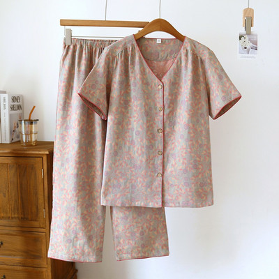 Vintage Wash Knitted Cotton 2PCS Print Πιτζάμες Γυναικείο νυχτικό 2023 Άνοιξη Φθινόπωρο Κοντό μανίκι+Capris Σετ Πυτζάμες 2 τεμαχίων