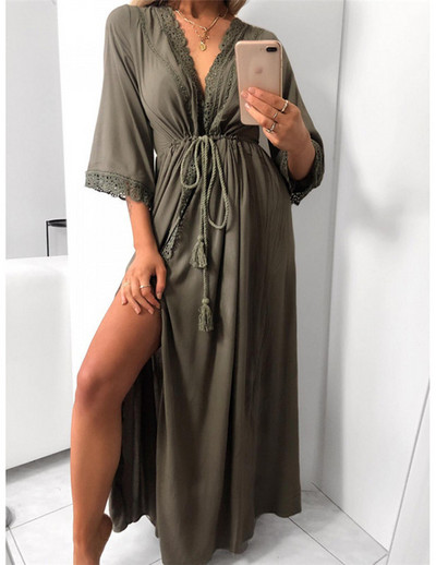 Ζακέτα παραλίας Γυναικείο φόρεμα μακρύ κοίλο έξω δαντέλα δεμένο στη μέση λεπτή εφαρμογή μακριά φαρδιά πιτζάμες Πυτζάμες Μπουρνούζι Σπίτι Καλοκαίρι