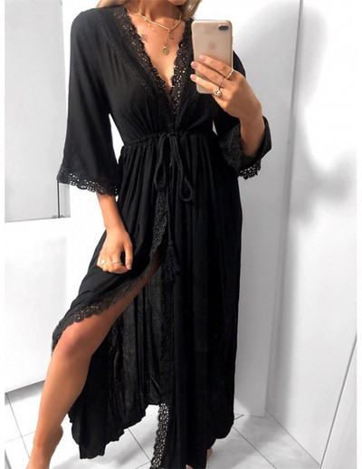 Ζακέτα παραλίας Γυναικείο φόρεμα μακρύ κοίλο έξω δαντέλα δεμένο στη μέση λεπτή εφαρμογή μακριά φαρδιά πιτζάμες Πυτζάμες Μπουρνούζι Σπίτι Καλοκαίρι