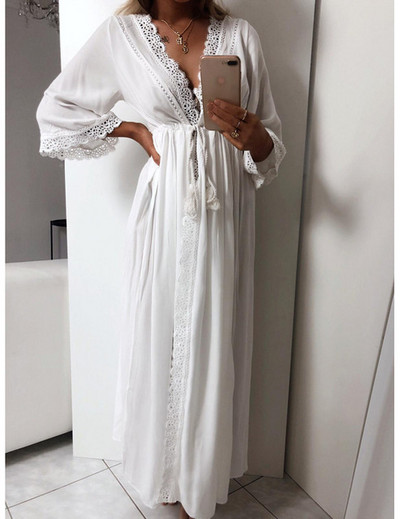 Ζακέτα παραλίας Γυναικείο φόρεμα μακρύ κοίλο έξω δαντέλα δεμένο στη μέση λεπτή εφαρμογή μακριά φαρδιά πιτζάμες Πυτζάμες Μπουρνούζι Σπίτι Καλοκαίρι