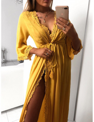 Ζακέτα παραλίας Γυναικείο φόρεμα μακρύ κοίλο έξω δαντέλα δεμένο στη μέση λεπτή εφαρμογή μακριά φαρδιά πιτζάμες Πυτζάμες Μπουρνούζι Σπίτι Καλοκαίρι