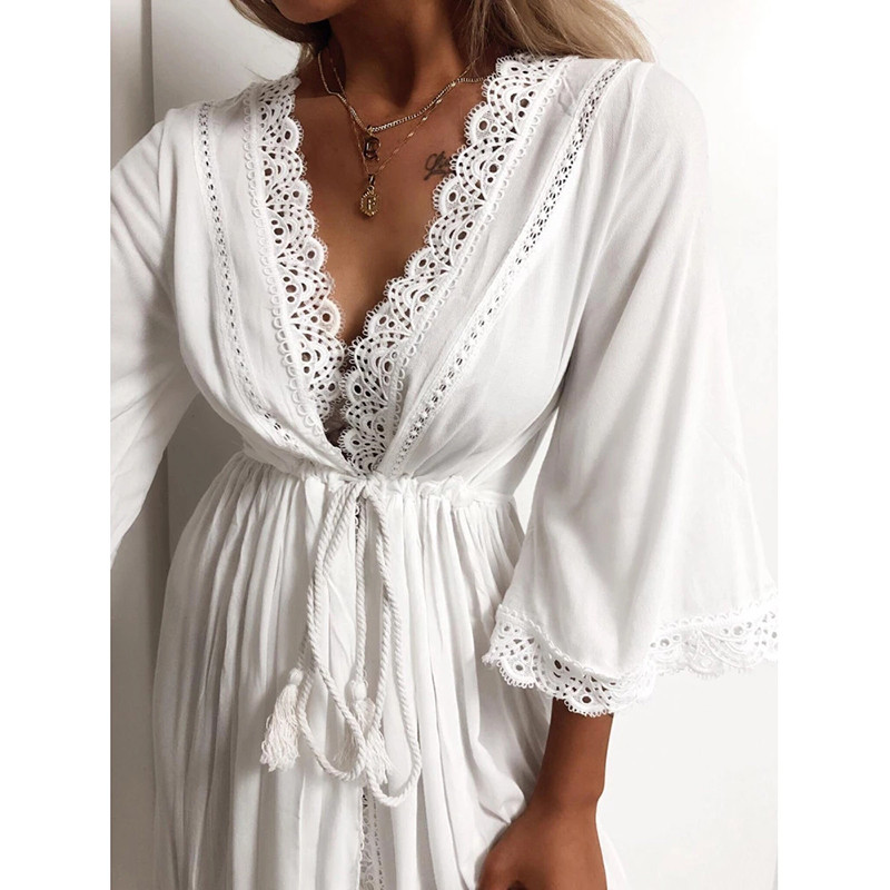 Ζακέτα παραλίας Γυναικείο φόρεμα μακρύ κοίλο έξω δαντέλα δεμένο στη μέση λεπτή εφαρμογή μακριά φαρδιά πιτζάμες Πυτζάμες Μπουρνούζι Σπίτι Καλοκαίρι