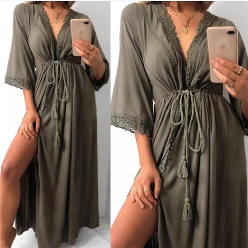 Ζακέτα παραλίας Γυναικείο φόρεμα μακρύ κοίλο έξω δαντέλα δεμένο στη μέση λεπτή εφαρμογή μακριά φαρδιά πιτζάμες Πυτζάμες Μπουρνούζι Σπίτι Καλοκαίρι