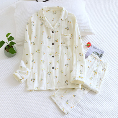 2022 Pijamale de damă în stil nou japonez Pantaloni din două piese cu mânecă lungă Cactus 100% bumbac crep Îmbrăcăminte de casă simplă și confortabilă