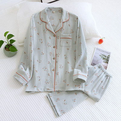 2022 Pijamale de damă în stil nou japonez Pantaloni din două piese cu mânecă lungă Cactus 100% bumbac crep Îmbrăcăminte de casă simplă și confortabilă