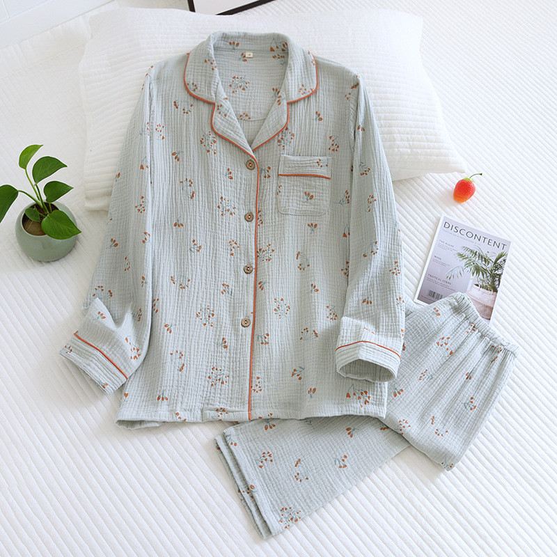 2022 Pijamale de damă în stil nou japonez Pantaloni din două piese cu mânecă lungă Cactus 100% bumbac crep Îmbrăcăminte de casă simplă și confortabilă