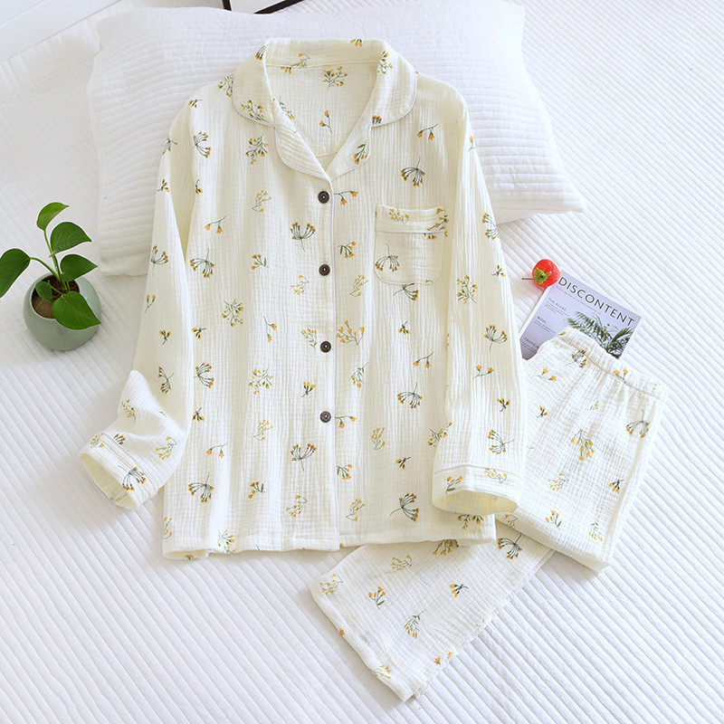 2022 Pijamale de damă în stil nou japonez Pantaloni din două piese cu mânecă lungă Cactus 100% bumbac crep Îmbrăcăminte de casă simplă și confortabilă