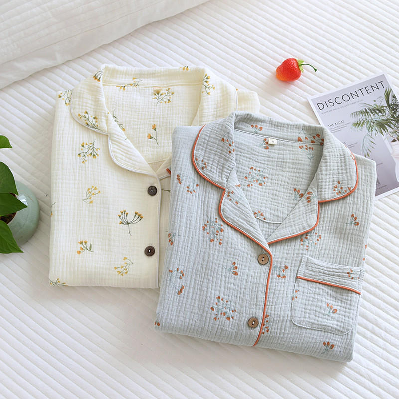 2022 Pijamale de damă în stil nou japonez Pantaloni din două piese cu mânecă lungă Cactus 100% bumbac crep Îmbrăcăminte de casă simplă și confortabilă