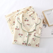 Γυναικείες πιτζάμες από βαμβακερή κρεπ Λεπτό κοντομάνικο σορτς για το σπίτι Ρούχα φαρδιά casual 2 ΤΕΜ. Γλυκό κεράσι γιακά