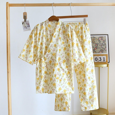Jarné dámske bavlnené pyžamo, sedemrukávové gázové kimono na spanie, výstrih do V s potlačou kvetov a morom kvetov, 2 ks, sada, domáce oblečenie na spanie
