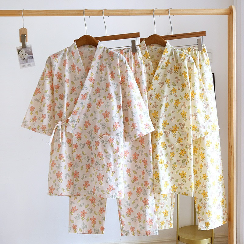 Jarné dámske bavlnené pyžamo, sedemrukávové gázové kimono na spanie, výstrih do V s potlačou kvetov a morom kvetov, 2 ks, sada, domáce oblečenie na spanie