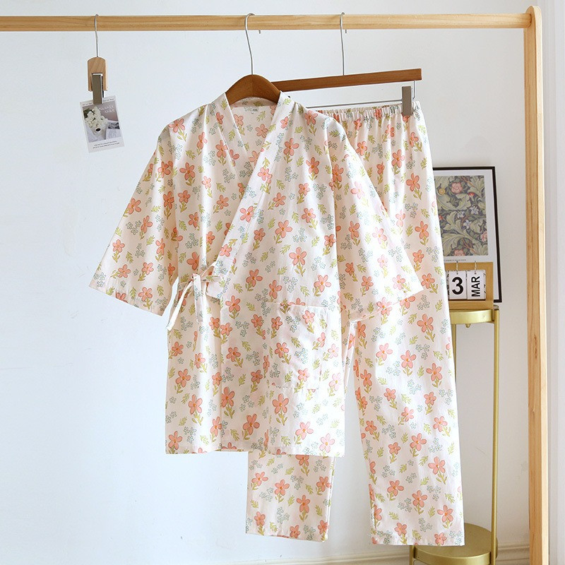 Jarné dámske bavlnené pyžamo, sedemrukávové gázové kimono na spanie, výstrih do V s potlačou kvetov a morom kvetov, 2 ks, sada, domáce oblečenie na spanie