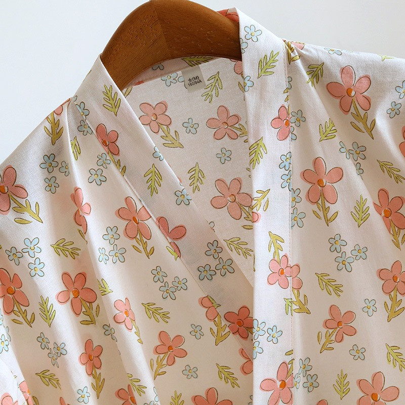 Jarné dámske bavlnené pyžamo, sedemrukávové gázové kimono na spanie, výstrih do V s potlačou kvetov a morom kvetov, 2 ks, sada, domáce oblečenie na spanie