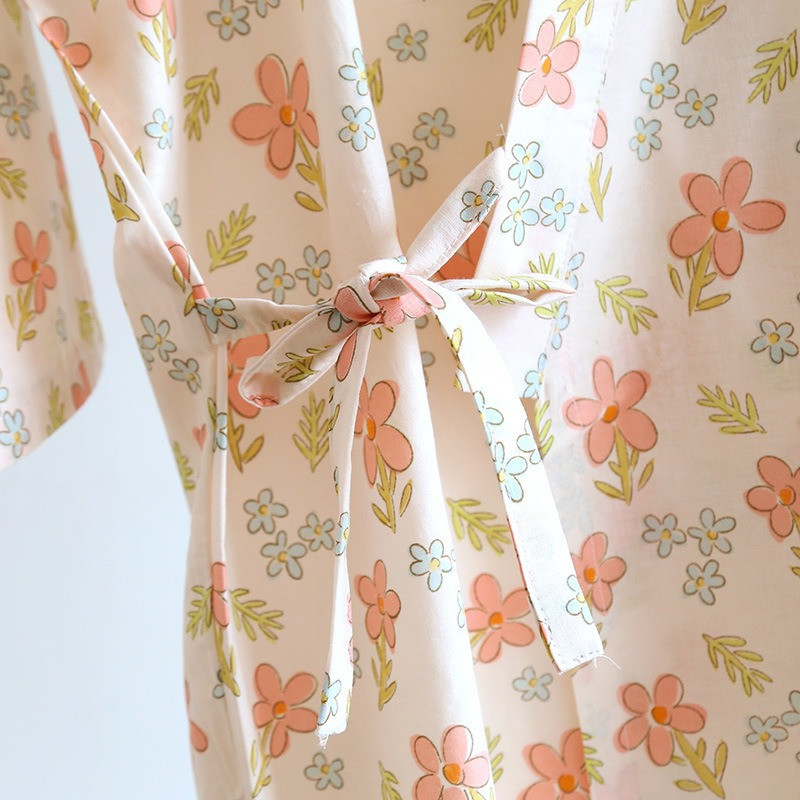 Jarné dámske bavlnené pyžamo, sedemrukávové gázové kimono na spanie, výstrih do V s potlačou kvetov a morom kvetov, 2 ks, sada, domáce oblečenie na spanie