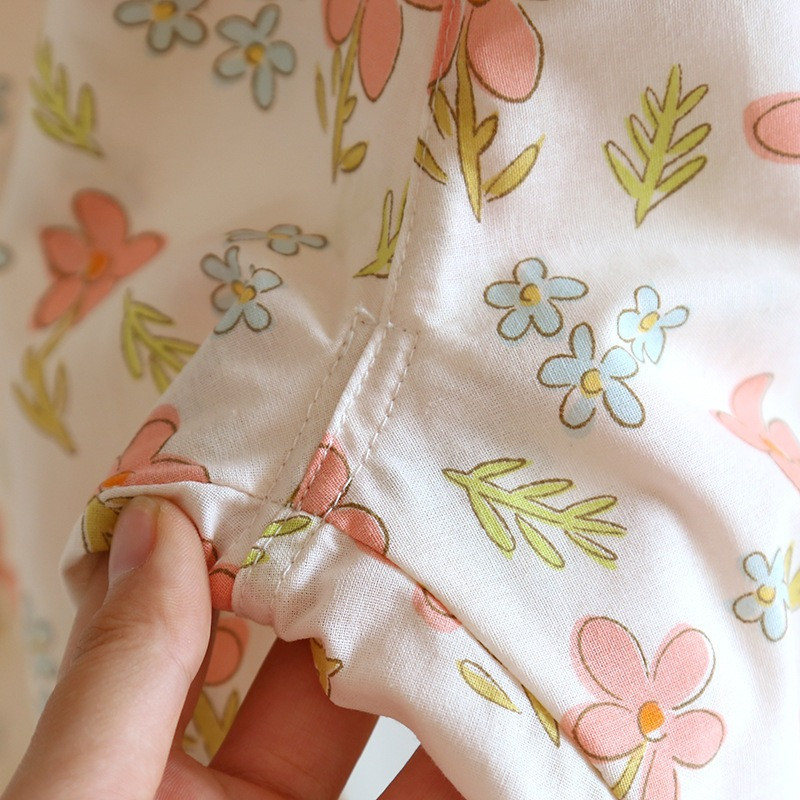Jarné dámske bavlnené pyžamo, sedemrukávové gázové kimono na spanie, výstrih do V s potlačou kvetov a morom kvetov, 2 ks, sada, domáce oblečenie na spanie