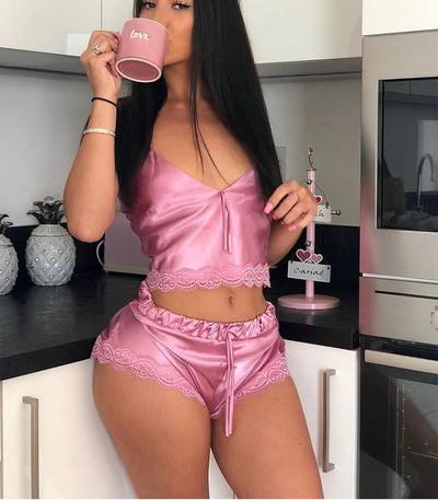 Γυναικείο Σετ Σατέν Μεταξωτό Σετ Πυτζάμες Αμάνικο Σετ Σορτς Πιτζάμες Δαντέλα Πιτζάμα Σπίτι Πυτζάμες για Γυναικείες Σέξι Νύχτες