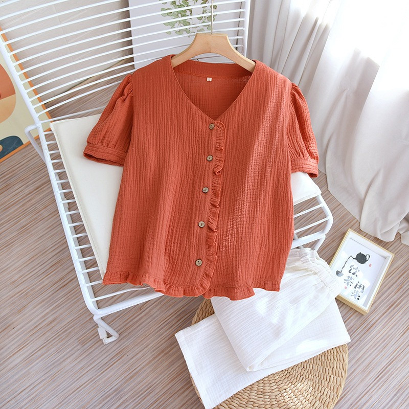 Vară, primăvară, set de pijamale, moale, uni, contrastant, 100% bumbac tifon, 2 buc. Lenjerie de dormit, mânecă scurtă, pantaloni, îmbrăcăminte pentru acasă