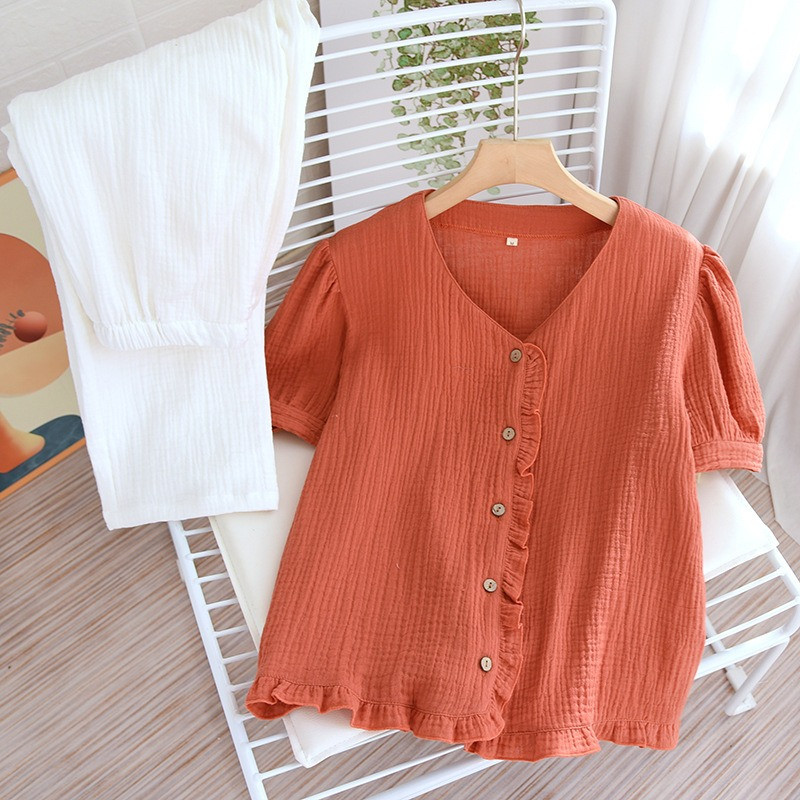 Vară, primăvară, set de pijamale, moale, uni, contrastant, 100% bumbac tifon, 2 buc. Lenjerie de dormit, mânecă scurtă, pantaloni, îmbrăcăminte pentru acasă