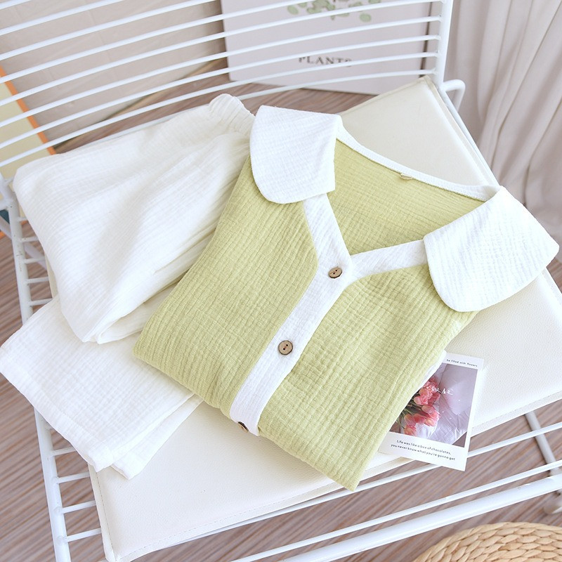 Vară, primăvară, set de pijamale, moale, uni, contrastant, 100% bumbac tifon, 2 buc. Lenjerie de dormit, mânecă scurtă, pantaloni, îmbrăcăminte pentru acasă