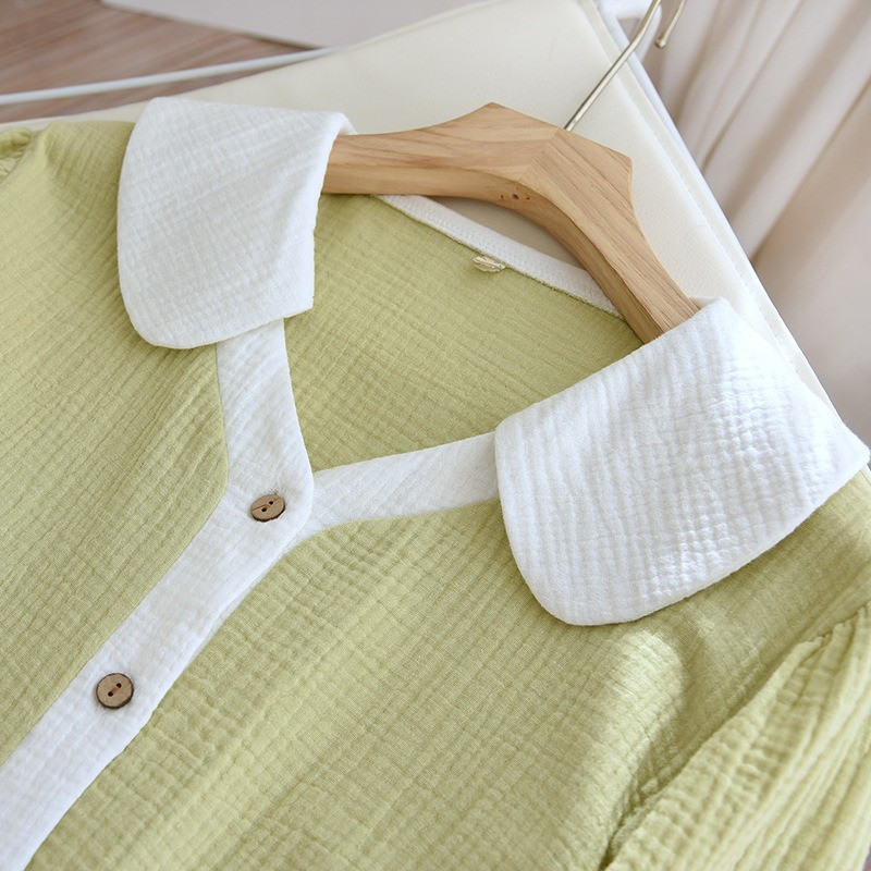 Vară, primăvară, set de pijamale, moale, uni, contrastant, 100% bumbac tifon, 2 buc. Lenjerie de dormit, mânecă scurtă, pantaloni, îmbrăcăminte pentru acasă