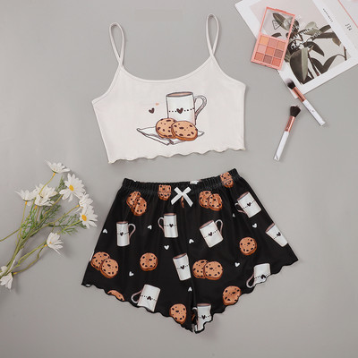 Γυναικεία Sleepwear Cute Cartoon Print Κοντό Σετ Πιτζάμες για Γυναικείες Σετ Πιτζάμες Γλυκό κοντό μανίκι V-λαιμόκοψη & σορτς καλοκαιρινή πιτζάμα