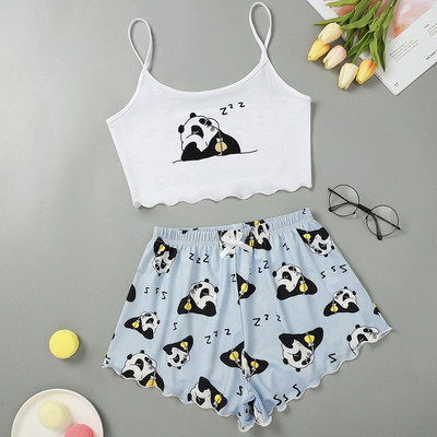Γυναικεία Sleepwear Cute Cartoon Print Κοντό Σετ Πιτζάμες για Γυναικείες Σετ Πιτζάμες Γλυκό κοντό μανίκι V-λαιμόκοψη & σορτς καλοκαιρινή πιτζάμα