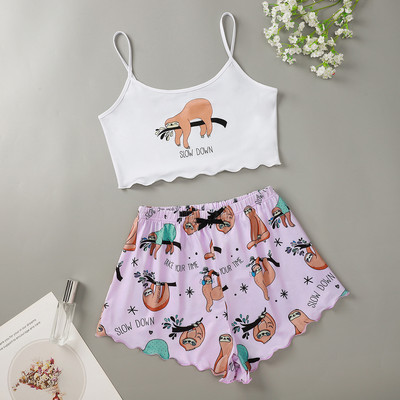 Γυναικεία Sleepwear Cute Cartoon Print Κοντό Σετ Πιτζάμες για Γυναικείες Σετ Πιτζάμες Γλυκό κοντό μανίκι V-λαιμόκοψη & σορτς καλοκαιρινή πιτζάμα