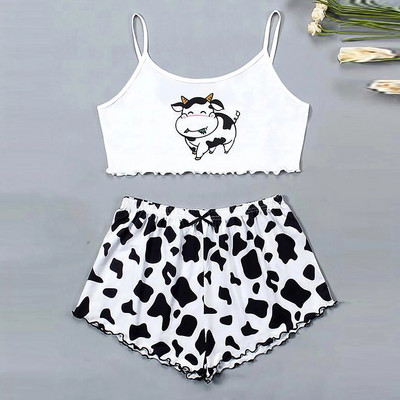 Γυναικεία Sleepwear Cute Cartoon Print Κοντό Σετ Πιτζάμες για Γυναικείες Σετ Πιτζάμες Γλυκό κοντό μανίκι V-λαιμόκοψη & σορτς καλοκαιρινή πιτζάμα
