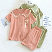 Κούκλα γιακά Γυναικεία βαμβακερά κρεπ πιτζάμες Λεπτά κοντομάνικα σορτς για το σπίτι Ρούχα χαλαρά casual 2 ΤΕΜ Sweet Cute Solid Sleepwear