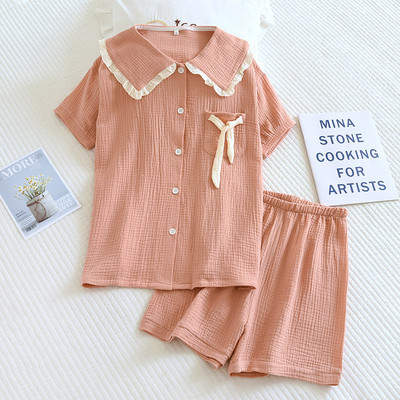 Κούκλα γιακά Γυναικεία βαμβακερά κρεπ πιτζάμες Λεπτά κοντομάνικα σορτς για το σπίτι Ρούχα χαλαρά casual 2 ΤΕΜ Sweet Cute Solid Sleepwear