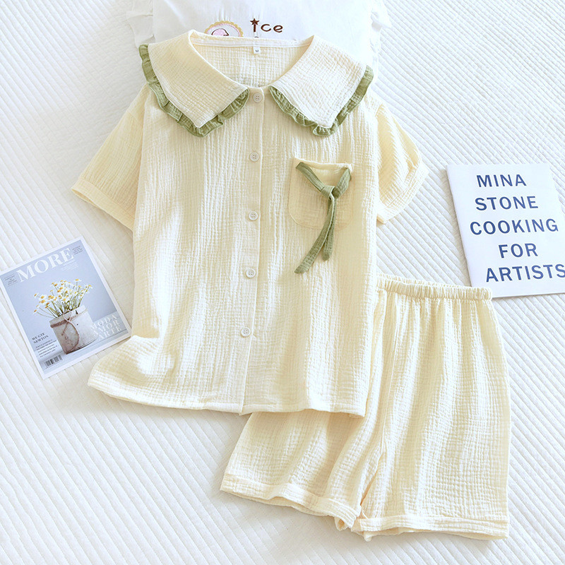 Κούκλα γιακά Γυναικεία βαμβακερά κρεπ πιτζάμες Λεπτά κοντομάνικα σορτς για το σπίτι Ρούχα χαλαρά casual 2 ΤΕΜ Sweet Cute Solid Sleepwear