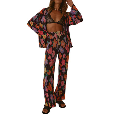 Ženska dvodijelna odjeća Muse, košulja s dugim rukavima, široke nogavice, ležerne hlače, odijelo s jednobojnim cvjetnim hlačama iz 90-ih