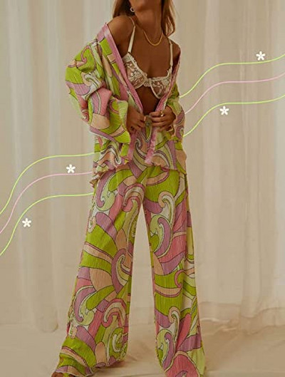 Ženska dvodijelna odjeća Muse, košulja s dugim rukavima, široke nogavice, ležerne hlače, odijelo s jednobojnim cvjetnim hlačama iz 90-ih