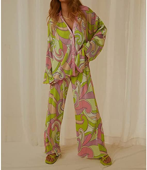 Ženska dvodijelna odjeća Muse, košulja s dugim rukavima, široke nogavice, ležerne hlače, odijelo s jednobojnim cvjetnim hlačama iz 90-ih