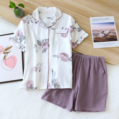 Set de pijamale pentru femei, confort de vară, tifon, bumbac, guler răsturnat, set de lenjerie de dormit pentru femei, subțire, largi, cu imprimeu de morcovi, îmbrăcăminte de acasă