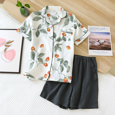 Set de pijamale pentru femei, confort de vară, tifon, bumbac, guler răsturnat, set de lenjerie de dormit pentru femei, subțire, largi, cu imprimeu de morcovi, îmbrăcăminte de acasă